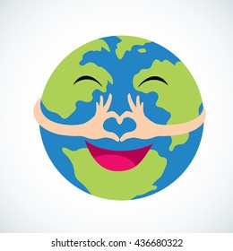 Character globe with heart hand sign. Earth cartoon, Vector abstract flat illustration