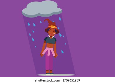 A character of a gloomy witch with a rainy on her head. Halloween theme. Simple character vector illustration, this illustration can use as a sticker also.