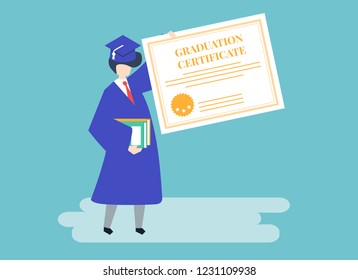 Character of a graduate holding a graduation certificate illustration