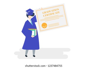 Character of a graduate holding a graduation certificate illustration