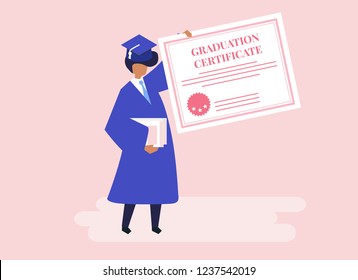 Character of a graduate holding a graduation certificate illustration