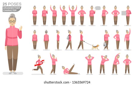 Character grandmother in a pink sports sweater and brown pants in various poses on a white background. Vector flat illustrations.