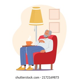 Carácter. Abuelo Dormido En Un Sillón Con Taza De Té De Pie Al Lado. Los Ancianos Cansados Sienten Malestar, Necesitan Medicina. Viejos soledad, abuelo durmiendo en casa. Ilustración del vector de dibujos animados