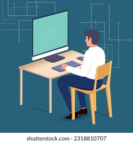 Character of Graphic Designer Working On Computer At Workplace And Teal Blue Background.