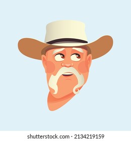 Character, a gray-haired man with a beard and mustache in a hat. Emotional facial expression of a man. Vector illustration.