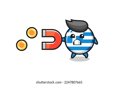 the character of greece flag hold a magnet to catch the gold coins , cute style design for t shirt, sticker, logo element