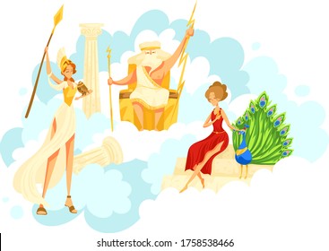 Personaje: hembra griega sentada en el reino del cielo, cielo nublado aislado en blanco, ilustración vectorial de dibujos animados. Zeus Hera con el pavo real, el pueblo artemis antigua historia helénica de mitología.