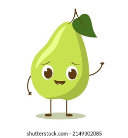 Character green pear with a face. Cheerful pear with eyes waving his hand. EPS10 vector illustration easy to recolor