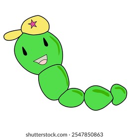 personagem lagarta de verme verde com cap. olhando bonito, adorável e alegre