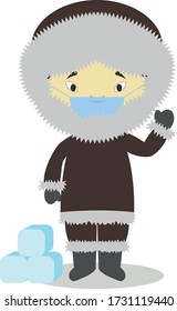 Character from Greenland dressed in the traditional way and with surgical mask and latex gloves as protection against a health emergency