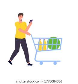 Character with a  grocery shopping cart. Vector isolated illustration