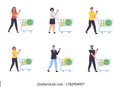 Carácter con un carrito de compras. Ilustración aislada del vector