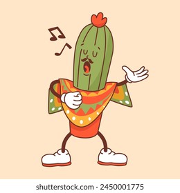 A character in the groove style in the form of a singing cactus in a poncho. Traditional symbol of Mexico. Celebrating Cinco de Mayo. Vector illustration isolated on a color background.