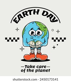 Character in groovy style and y2k design. Planet and sphere. Environment. Climate. Saving the planet. Earth Day. Vector illustration. Retro and hippie style.  The planet holds a sprouted leaf.