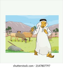The character of a Gulf Arab man raising sheep