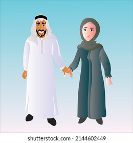 The character of a Gulf Arab man standing with his wife