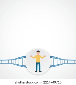 character guy person with hands thumb up on lable and  film reel background