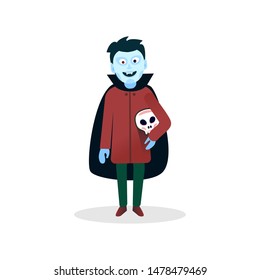 The Character Of Halloween. A cute vampire boy with blue skin and fangs in a Dracula  suit with skull. Vector illustration