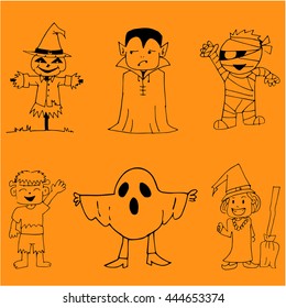Character Halloween doodle vector art on orange backgrounds