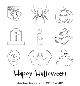 The character halloween icons, collections on white background day and party concept. Black silhouettes spider web, spider, smiley pumpkin, tombstone, candle, flying witch, balloon, bat, ghost.