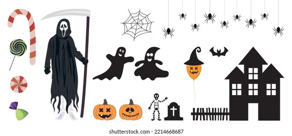 The character halloween icons, collections property on white background day and party concept. Black silhouettes and colorful. Ghost grim reaper bat spider house balloon hat spider web candy pumpkins.