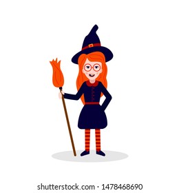 The Character Of Halloween. Red-haired Girl with glasses in a witch costume with a broom. Vector illustration.