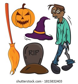 character halloween set collection, cartoon flat design style illustration element, zombie, hat, pumpkin, headstone, and flying broom vector graphic