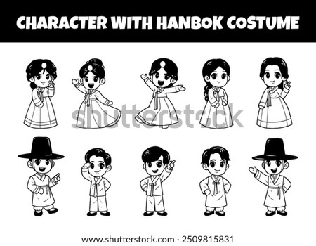Character with hanbok costume outline vector illustration set