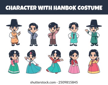 Personagem com conjunto de ilustração vetor traje hanbok