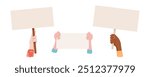 Character hand holding blank support sign set, woman show up template strike flag, isolated human hands hold demonstration poster, men parade revolution placard, people raise protest banner,