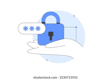 Character hand holding padlock with password. Pin code entry. Security and safety. Cyber Privacy concept. Flat Cartoon Vector Illustration, icon. Stylish, Minimalist line, abstract