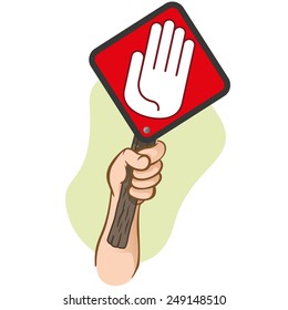 Character hand holding a signpost stop. Ideal for informational and institutional