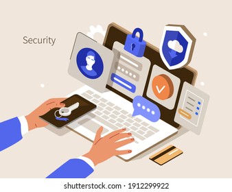 Character Hand holding Smartphone with Sms Authentication Key and typing Password on Laptop with Online Login Form on Screen. Secure User Authorization Concept. Flat Isometric Vector Illustration. 