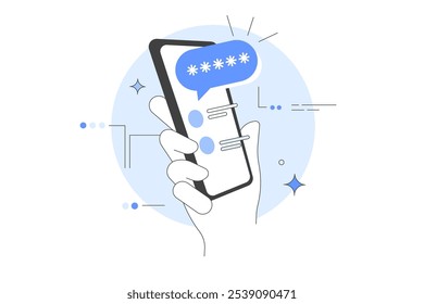 Mão de personagem segurando smartphone e digitando código de autenticação de dois fatores, pin para verificar sua ID e acesso de segurança. Ilustração de vetor, ícone. Elegante, linha minimalista, abstrato