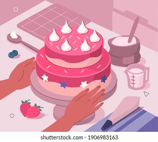 Character Hands Holding Homemade Cake on Kitchen. Wheat Flour, Milk and other Recipe Ingredients lying around. Confectioner at Work. Bakery and Pastry Concept. Flat Isometric Vector Illustration.