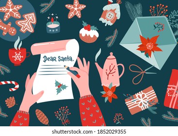 Character hands with pen writing letter to santa claus. Envelope, fur branches, holly, stocking, gifts, gingerbread on taple - top view. Christmas new year eve xmas holidays. Vector flat illustration.