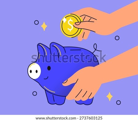 Character hands putting a coin into a piggy bank. Healthy money habits, personal finance and financial wellbeing vector illustration.