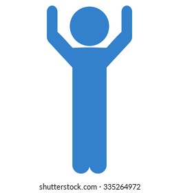 Character Hands Up vector icon. Style is flat symbol, cobalt color, rounded angles, white background.