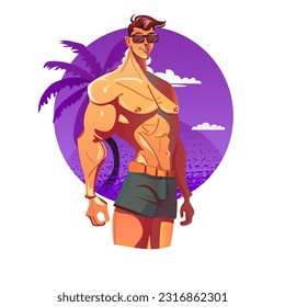 Character, handsome guy , on the beach, pumped up boy
