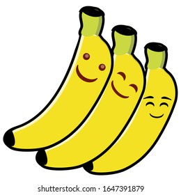 Character happy bananas, smiling expression vector illustration flat style isolated on a white background