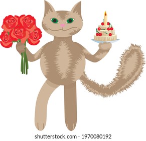 
A character for a happy birthday card, a cat with a bouquet and a cake