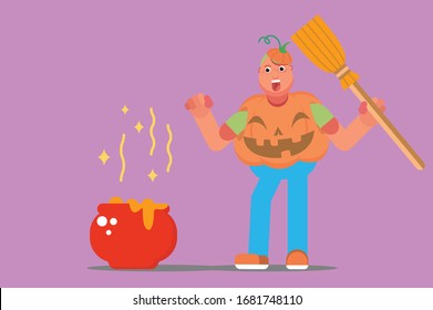 Personaje de un niño feliz con traje de calabaza y poción brillante, tema de Halloween. Simple ilustración vectorial de caracteres, esta ilustración también puede utilizarse como pegatina.