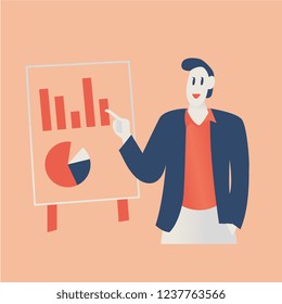 Character of a happy businessman pointing finger on charts. Flat vector illustration