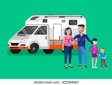 Character happy family go on Road trip. Vector detailed mobile home. Travel car and summer background landscape with herbs and sky