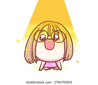 Character of happy girl blessed by holy light isolated on white background with hope or gladness concept.