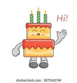 Character Happy Kawaii Birthday Cake Greeting Say Hi With Waving Hand