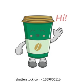 Character happy kawaii coffee cup greeting say hi with waving hand
