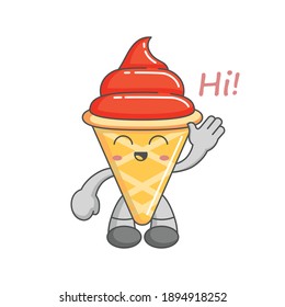 Character happy kawaii ice cream cone greeting say hi with waving hand