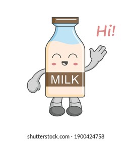 Character happy kawaii milk object greeting say hi with waving hand