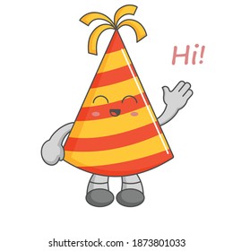 Character happy kawaii party hat greeting say hi with waving hand